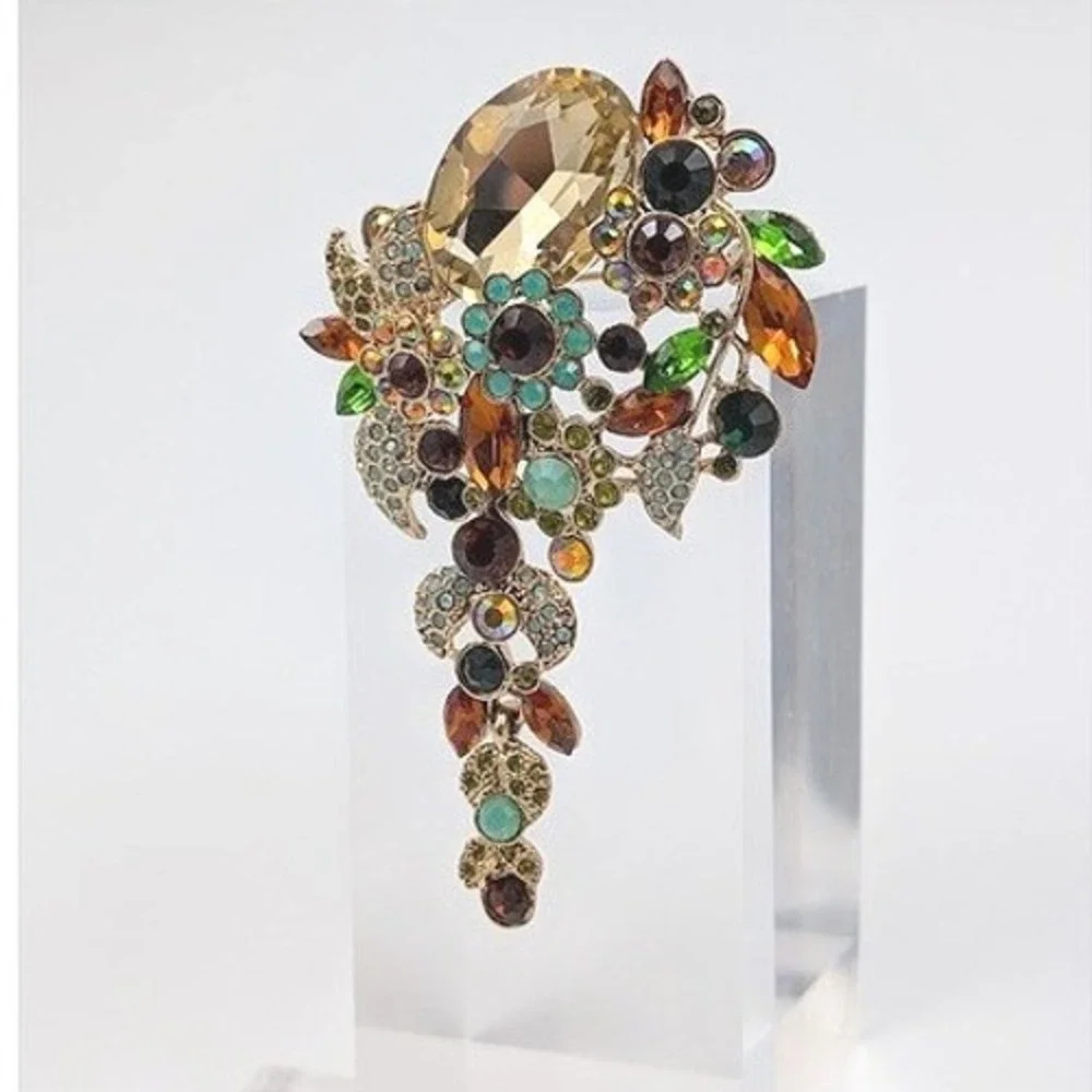 Botanical Rhinestone Brooch Pendant‎ Gold Tone Large Floral Garden Fairy Spring